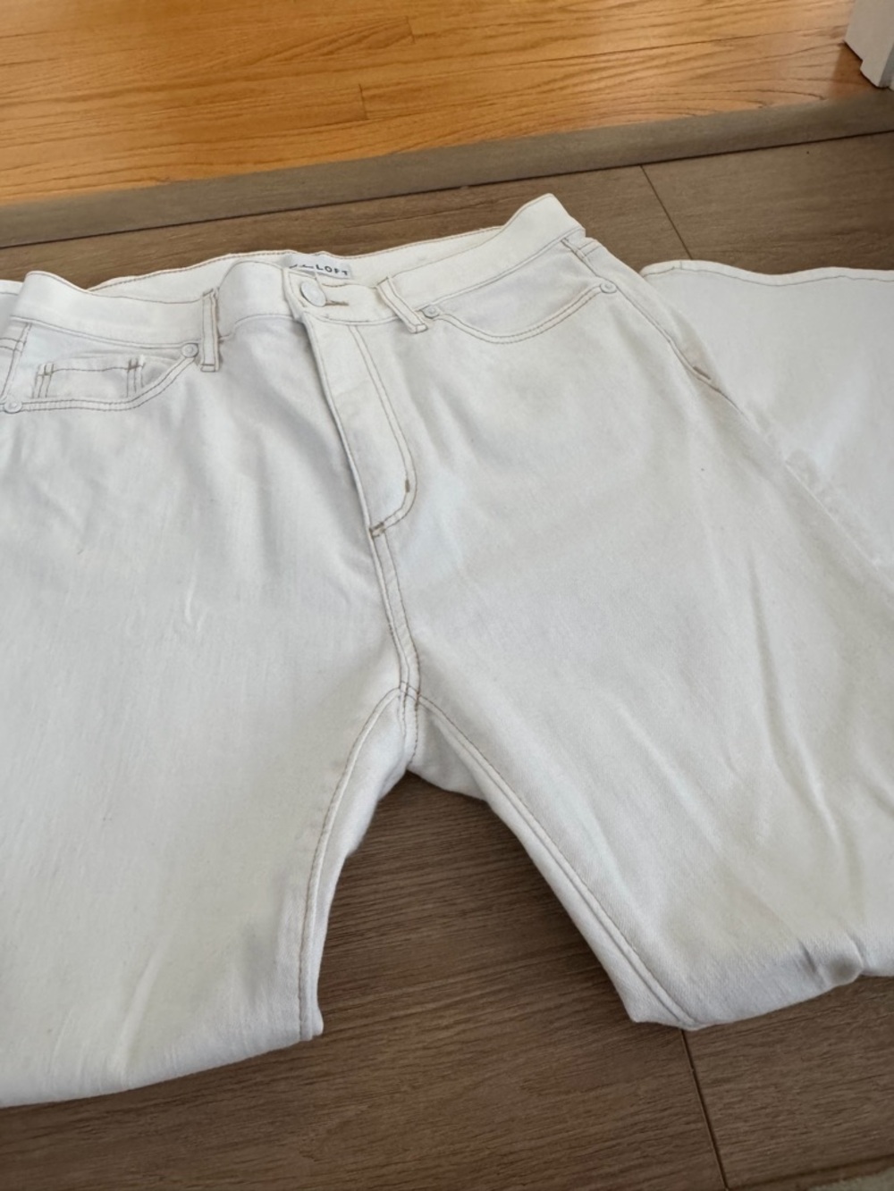 LOFT Cream High-Rise Jeans with Contrast Stitching